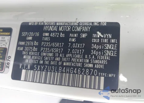 2017 Hyundai Santa Fe Sport 2.4L from USA, damaged, VIN 5XYZU3LB4HG462870